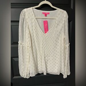 Lilly Pulitzer Cleme Long Sleeve Top Coconut Viscose Metallic Clip